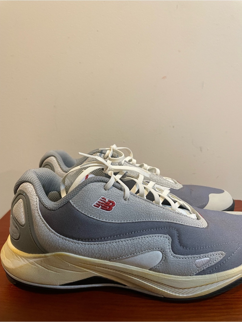 New Balance Gray and Cream Casual Sneakers with Red Logo - no box